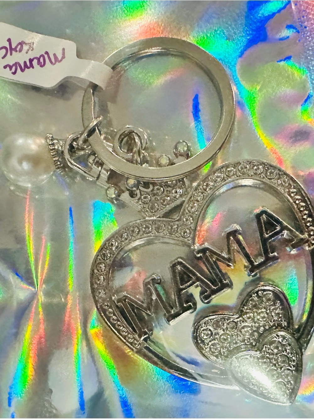 Source Unknown Silver "MAMA" Heart Keychain with Pearl Charm